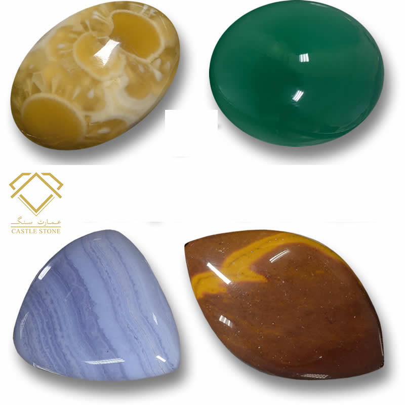 4 مدل از سنگ های قیمتی عقیق در رنگ های سبز، آبی، قهوه ای و عسلی